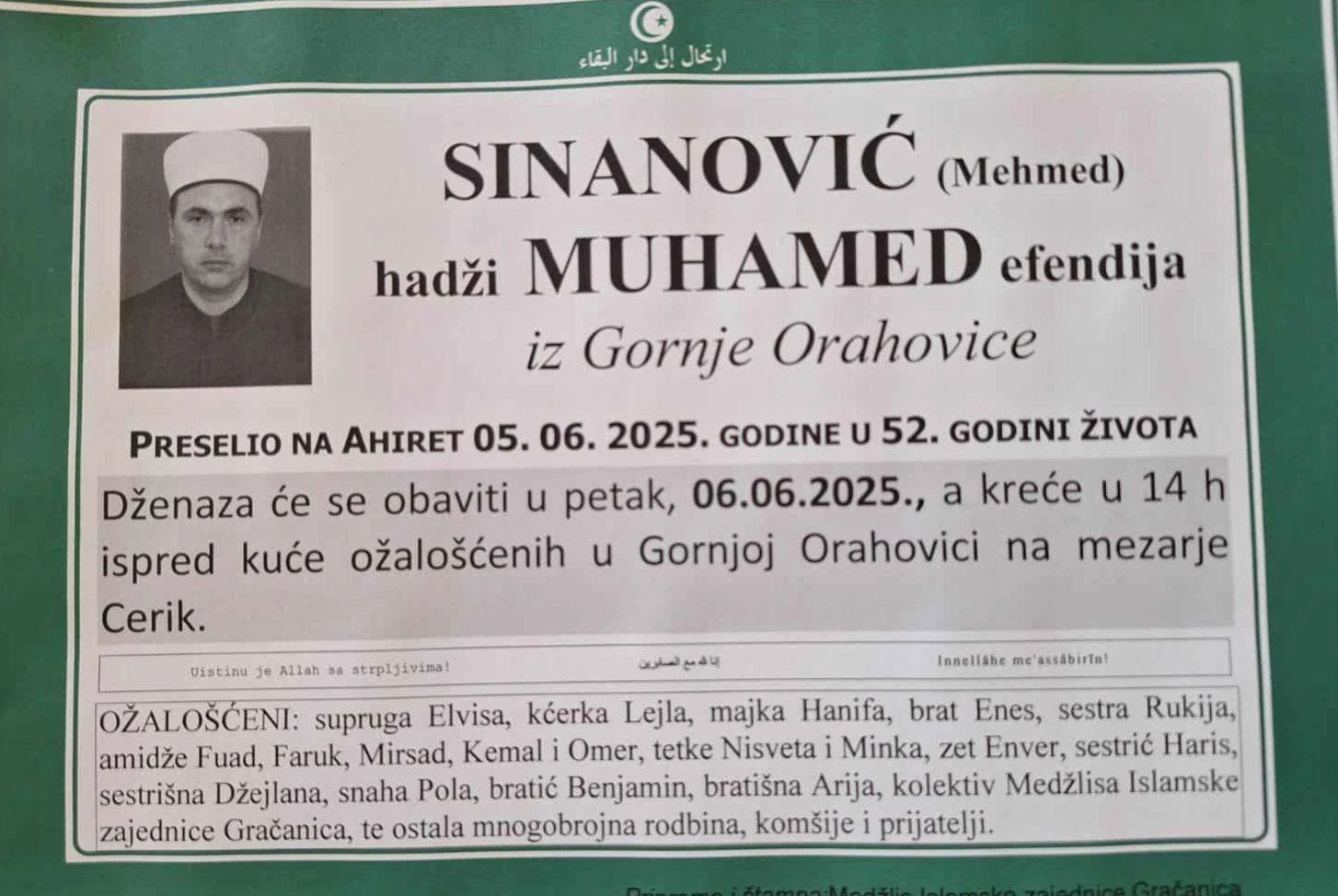 Posmrtnica ef. Sinanovića
