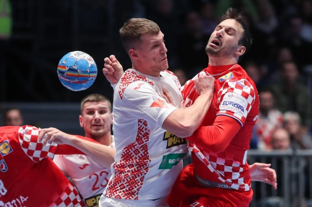 Europsko rukometno prvenstvo, skupina A, 2. kolo, Hrvatska - Bjelorusija. Andrei Yurynok, Igor Karacic Photo: Luka Stanzl/PIXSELL